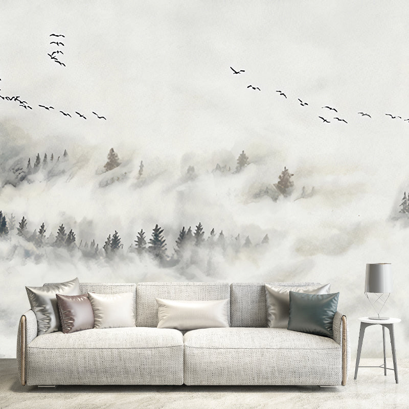 Misty Forest and Bird Mural Wallpaper for Guest Room Decor, Grey and White, Made to Measure Clearhalo 'Wall Decor' 'Wall Mural' 1048223