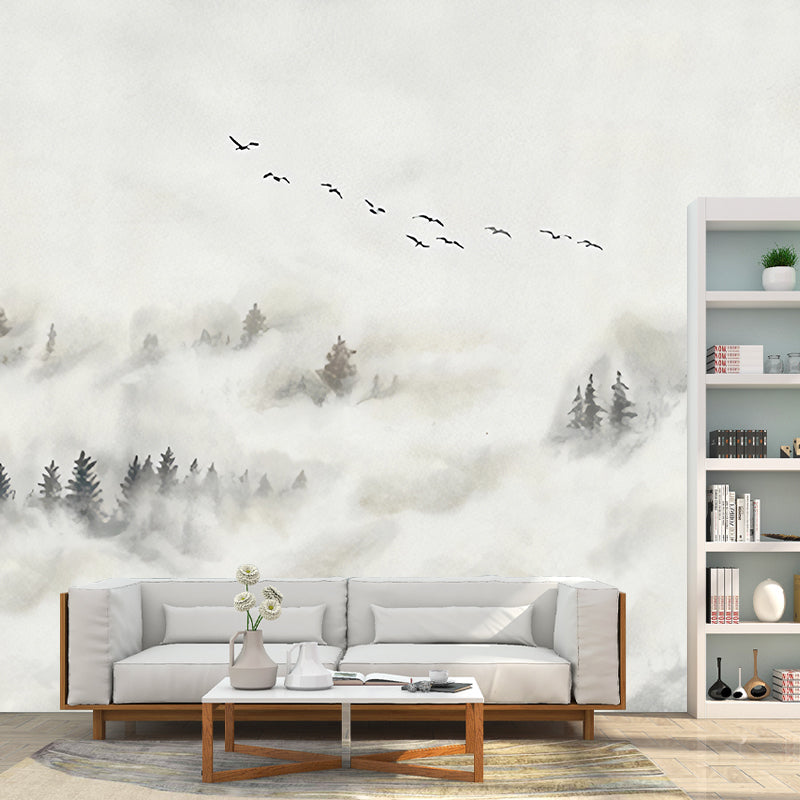 Misty Forest and Bird Mural Wallpaper for Guest Room Decor, Grey and White, Made to Measure Clearhalo 'Wall Decor' 'Wall Mural' 1048224