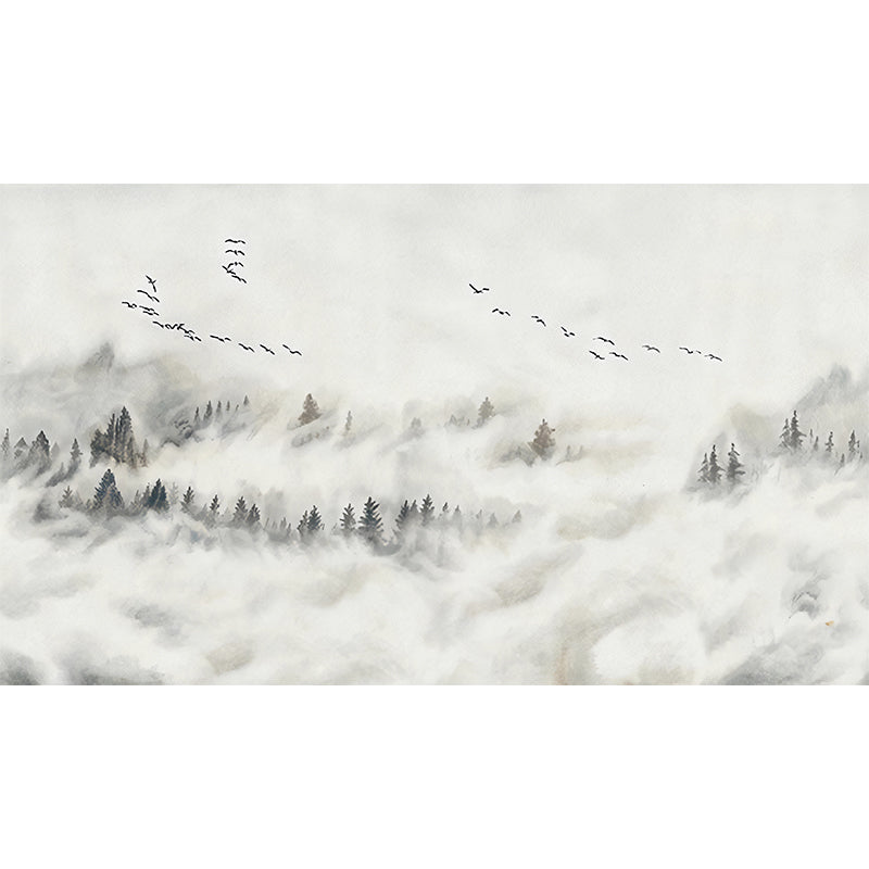 Misty Forest and Bird Mural Wallpaper for Guest Room Decor, Grey and White, Made to Measure Clearhalo 'Wall Decor' 'Wall Mural' 1048225