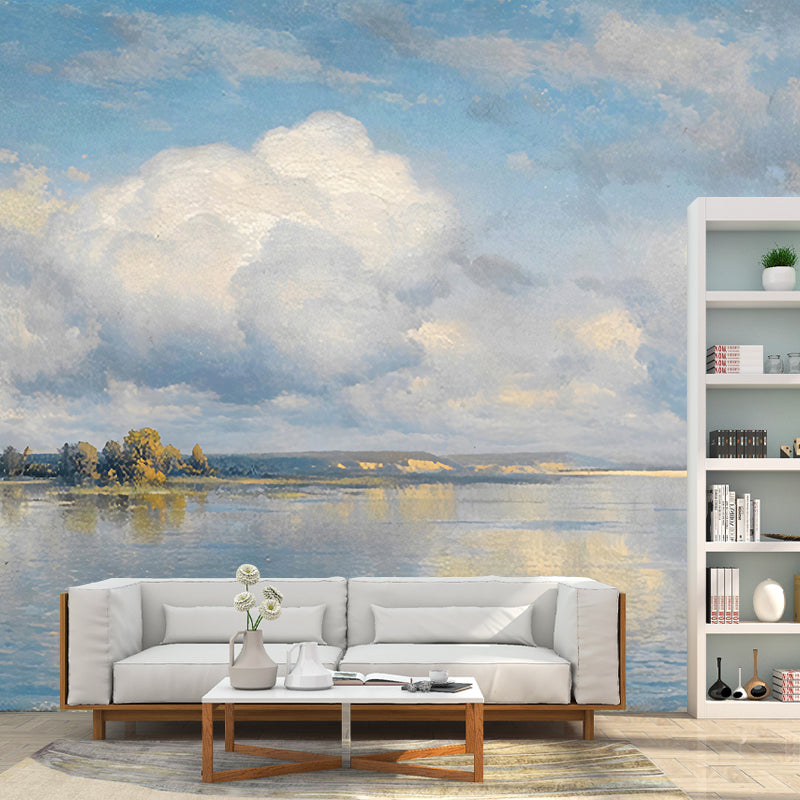 Contemporary Sky and River Mural Wallpaper in Blue and White Living Room Wall Art, Custom-Made Sky Blue-White Clearhalo 'Wall Decor' 'Wall Mural' 1048243