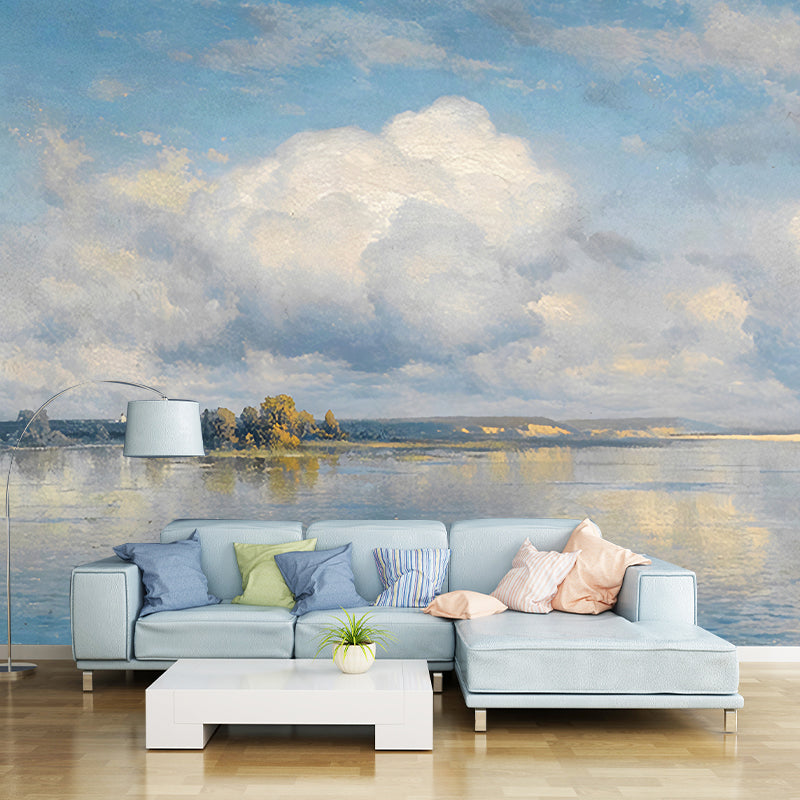 Contemporary Sky and River Mural Wallpaper in Blue and White Living Room Wall Art, Custom-Made Clearhalo 'Wall Decor' 'Wall Mural' 1048244