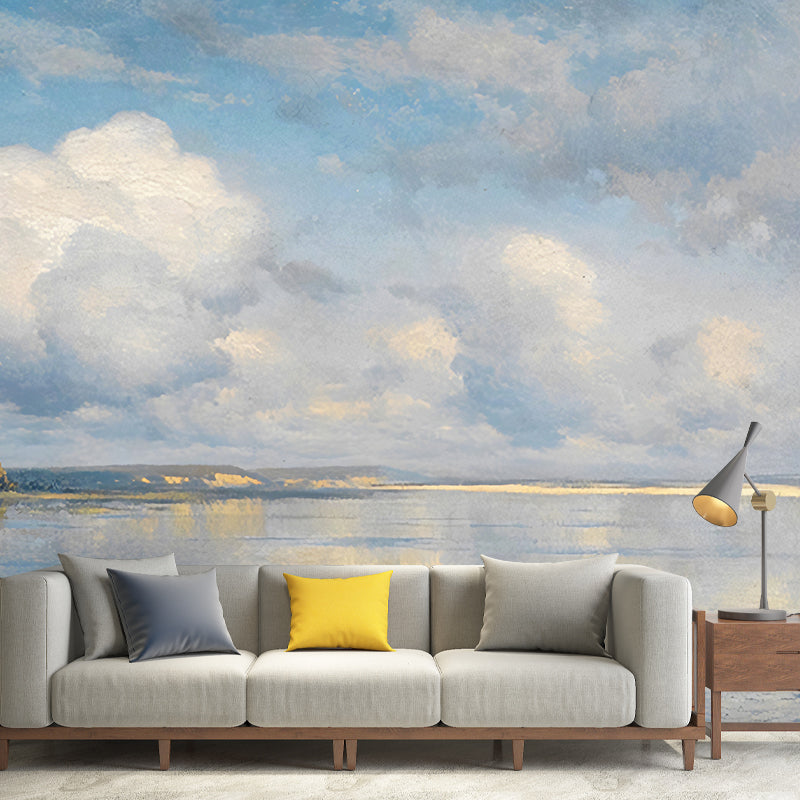 Contemporary Sky and River Mural Wallpaper in Blue and White Living Room Wall Art, Custom-Made Clearhalo 'Wall Decor' 'Wall Mural' 1048245