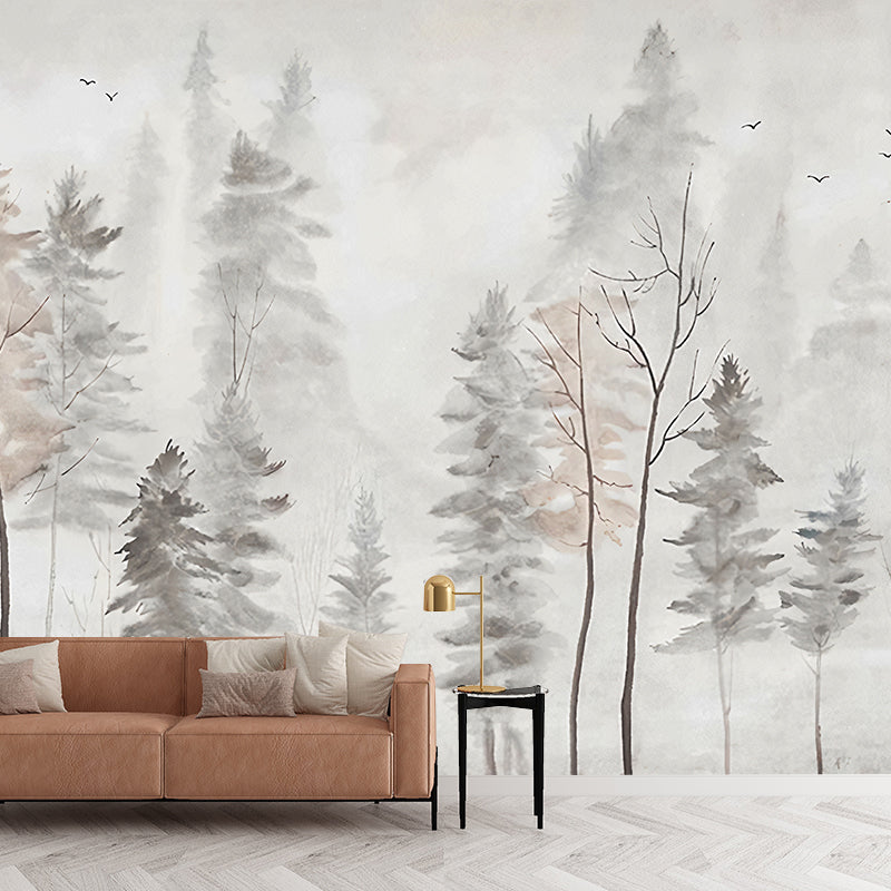 Nordic Trees Wall Mural for Guest Room Decoration, Custom-Printed Wall Covering in Grey and Pink Gray-Pink Clearhalo 'Wall Decor' 'Wall Mural' 1048258