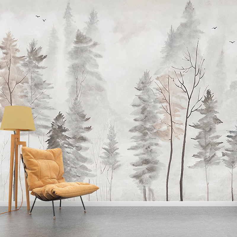 Nordic Trees Wall Mural for Guest Room Decoration, Custom-Printed Wall Covering in Grey and Pink Clearhalo 'Wall Decor' 'Wall Mural' 1048259