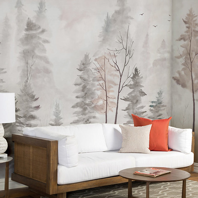 Nordic Trees Wall Mural for Guest Room Decoration, Custom-Printed Wall Covering in Grey and Pink Clearhalo 'Wall Decor' 'Wall Mural' 1048260