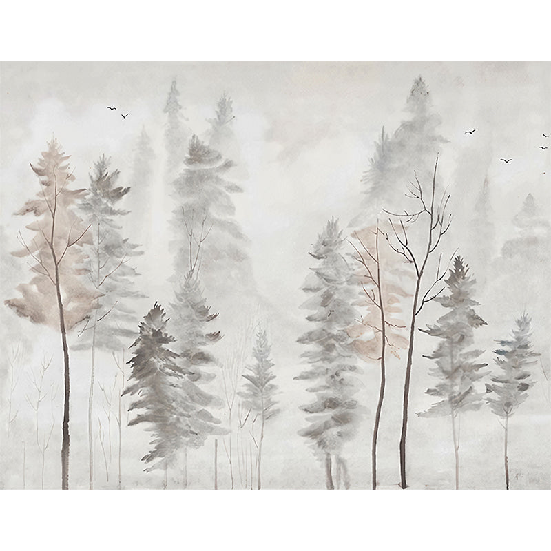 Nordic Trees Wall Mural for Guest Room Decoration, Custom-Printed Wall Covering in Grey and Pink Clearhalo 'Wall Decor' 'Wall Mural' 1048261