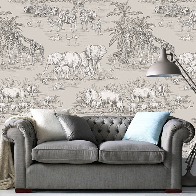 Stain-Resistant Elephants Wall Mural Non-Woven Fabric Wall Covering for Home Decoration Grey Clearhalo 'Wall Decor' 'Wall Mural' 1048278