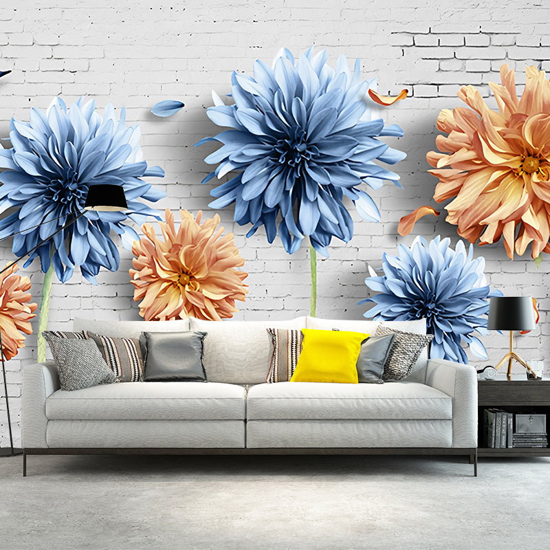 Big Blossoming Flower Wall Mural in Blue and Yellow Wall Covering for Home Decor, Custom-Made Clearhalo 'Wall Decor' 'Wall Mural' 1048324