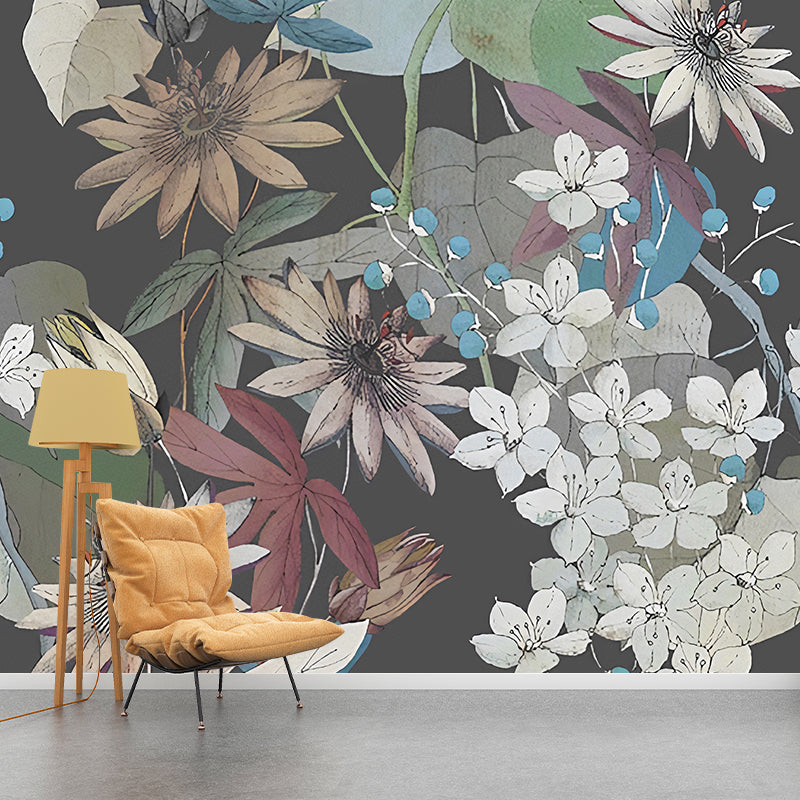 Illustration Blossoms and Leaves Mural Extra Large Wall Decor for Accent Wall, Custom-Made Dark Green Clearhalo 'Wall Decor' 'Wall Mural' 1048338