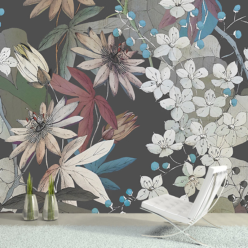 Illustration Blossoms and Leaves Mural Extra Large Wall Decor for Accent Wall, Custom-Made Clearhalo 'Wall Decor' 'Wall Mural' 1048339