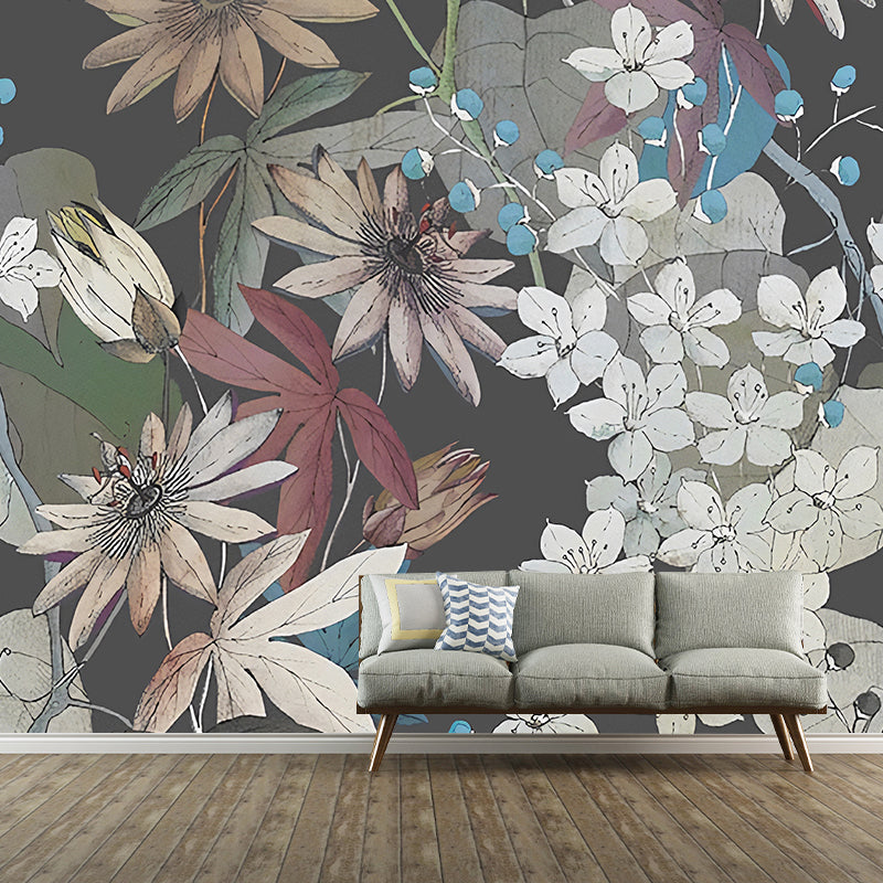 Illustration Blossoms and Leaves Mural Extra Large Wall Decor for Accent Wall, Custom-Made Clearhalo 'Wall Decor' 'Wall Mural' 1048340