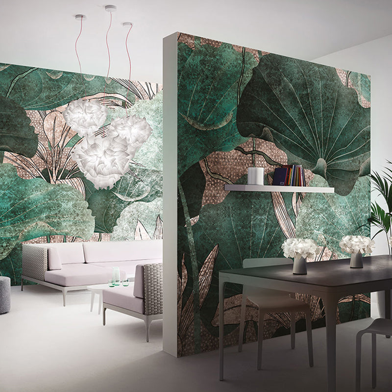 Big Asia Inspired Wall Mural in Green Lotus Leaves Wall Art, Custom Size Available Clearhalo 'Wall Decor' 'Wall Mural' 1048381