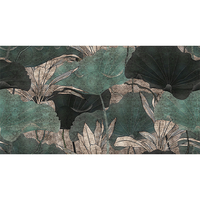 Big Asia Inspired Wall Mural in Green Lotus Leaves Wall Art, Custom Size Available Clearhalo 'Wall Decor' 'Wall Mural' 1048382