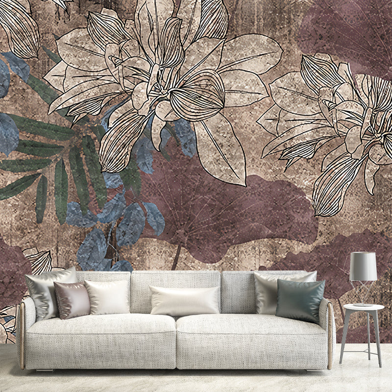 Purple Vintage Wall Mural Decal Custom-Printed Flower and Leaves Wall Covering for Guest Room Decor Clearhalo 'Wall Decor' 'Wall Mural' 1048385