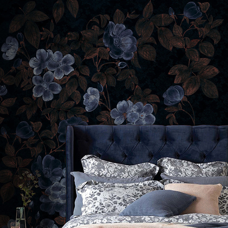 Blue and Black Flower Mural Wallpaper Bedroom Decorative Wall Art, Personalized Size Available Black Clearhalo 'Wall Decor' 'Wall Mural' 1048402