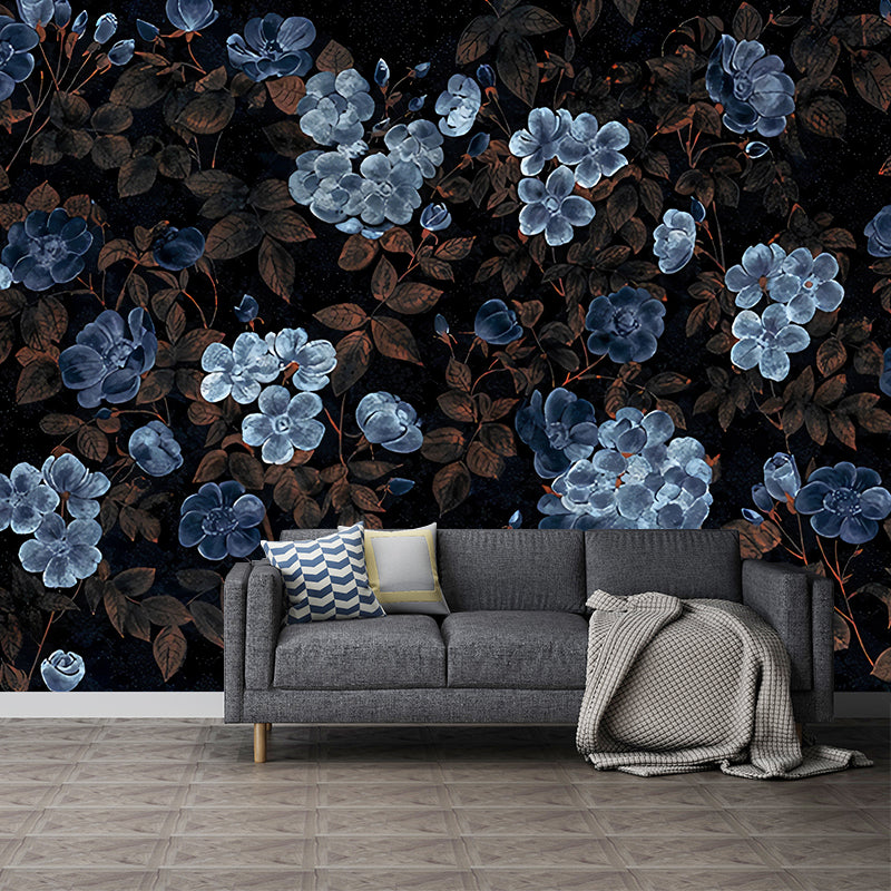 Blue and Black Flower Mural Wallpaper Bedroom Decorative Wall Art, Personalized Size Available Clearhalo 'Wall Decor' 'Wall Mural' 1048403