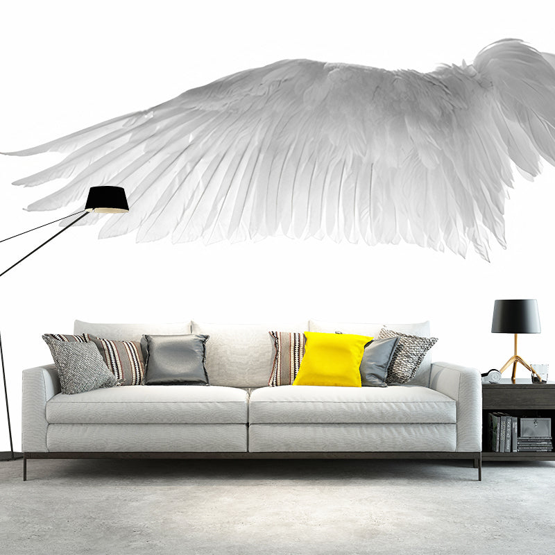 Minimalist Wing Wall Mural Decal for Bedroom Decoration, Grey and White, Custom Size Available Clearhalo 'Wall Decor' 'Wall Mural' 1048408