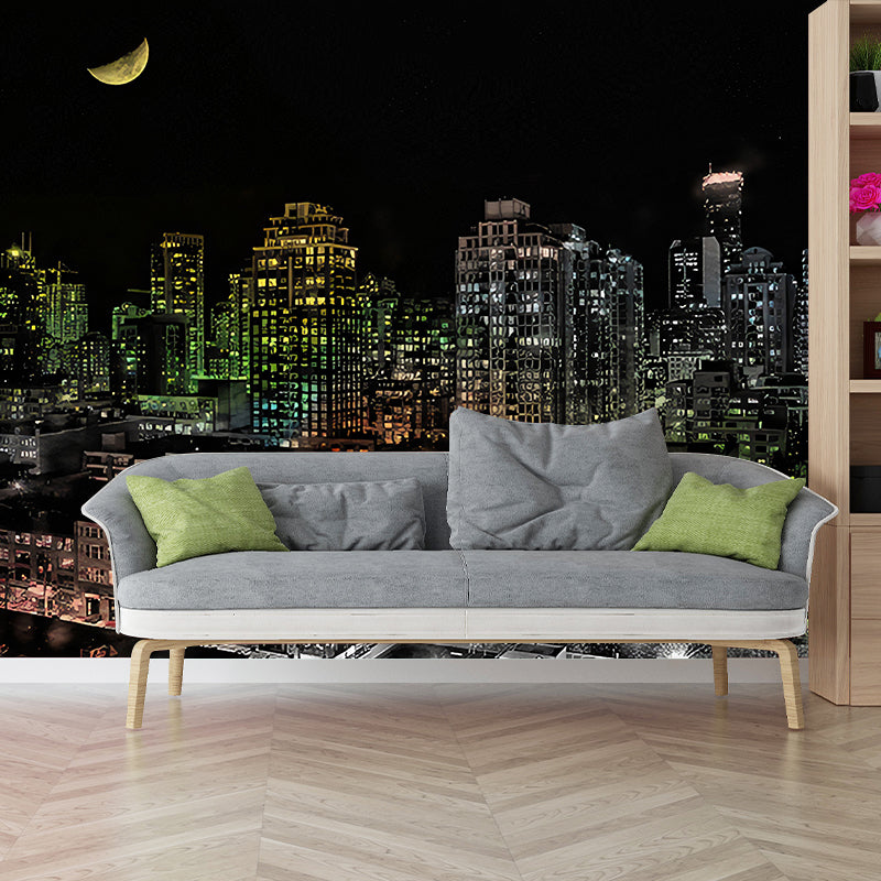 Whole Night City Wall Mural Non-Woven Fabric Wall Covering for Home Decoration, Custom Size Available Clearhalo 'Wall Decor' 'Wall Mural' 1048414