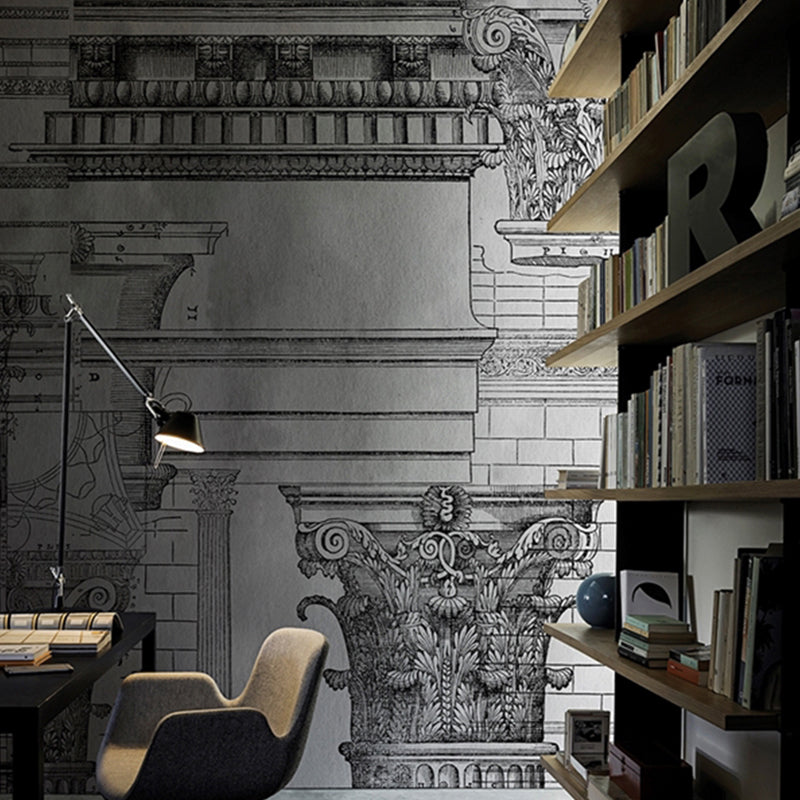 Retro European Construction Wall Mural in Soft Grey Study Room Wall Covering for Accent Wall Grey Clearhalo 'Wall Decor' 'Wall Mural' 1048417