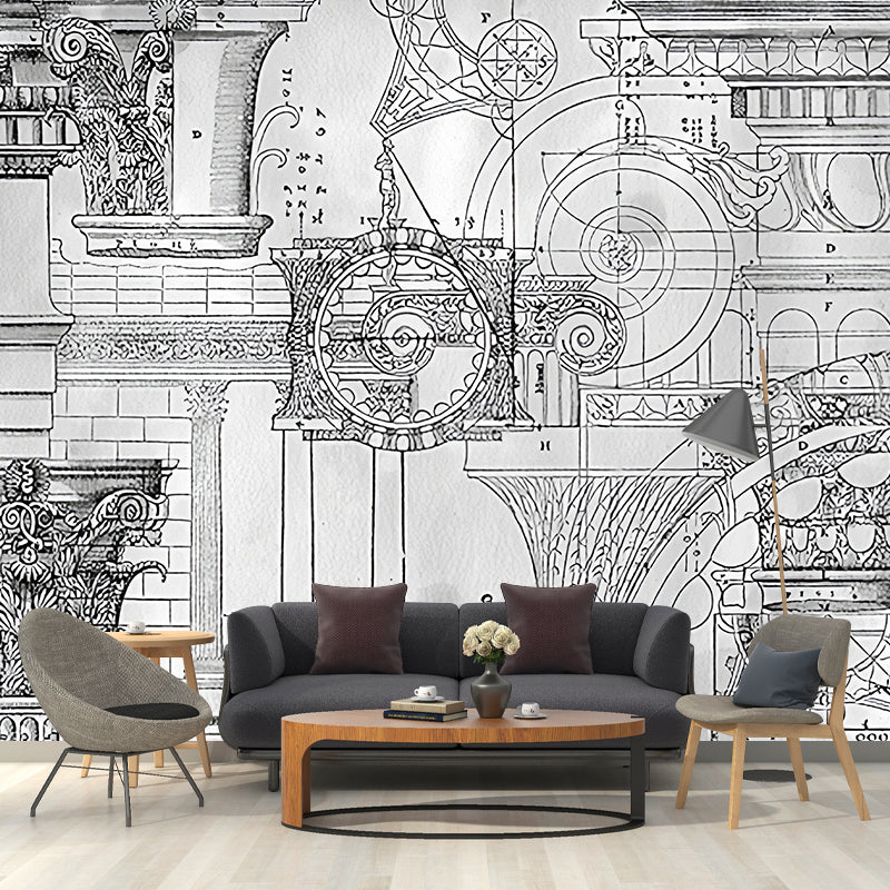 Retro European Construction Wall Mural in Soft Grey Study Room Wall Covering for Accent Wall Clearhalo 'Wall Decor' 'Wall Mural' 1048418