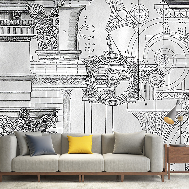 Retro European Construction Wall Mural in Soft Grey Study Room Wall Covering for Accent Wall Clearhalo 'Wall Decor' 'Wall Mural' 1048419