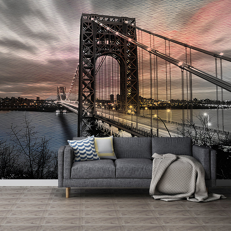 Grey and Black Bridge Mural Wallpaper Stain-Resistant Wall Art for Guest Room Decoration Clearhalo 'Wall Decor' 'Wall Mural' 1048427