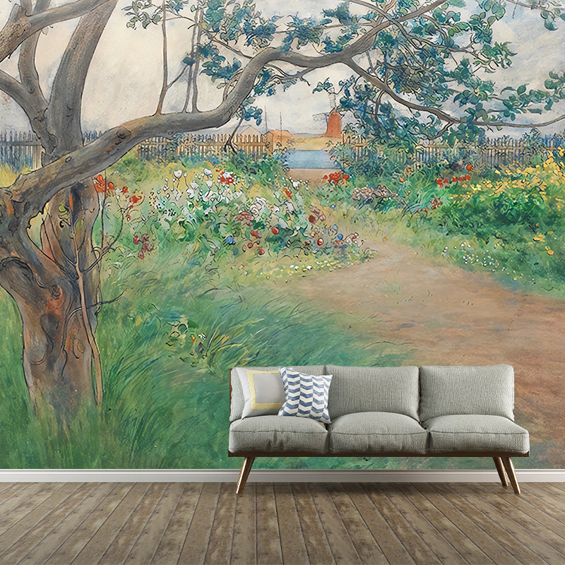 Whole Tree and Path Mural for Dining Room Decor Aesthetic Wall Covering in Green, Moisture-Resistant Clearhalo 'Wall Decor' 'Wall Mural' 1048446