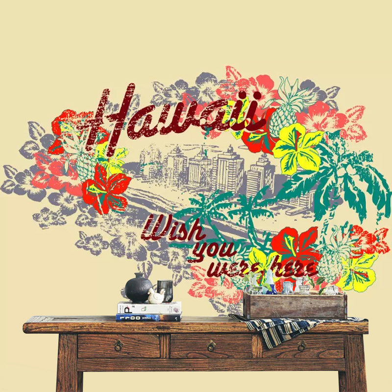 Decorative Hawaii and Blossom Mural Custom-Printed Minimalist Wall Covering for Accent Wall Brown Clearhalo 'Wall Decor' 'Wall Mural' 1048493