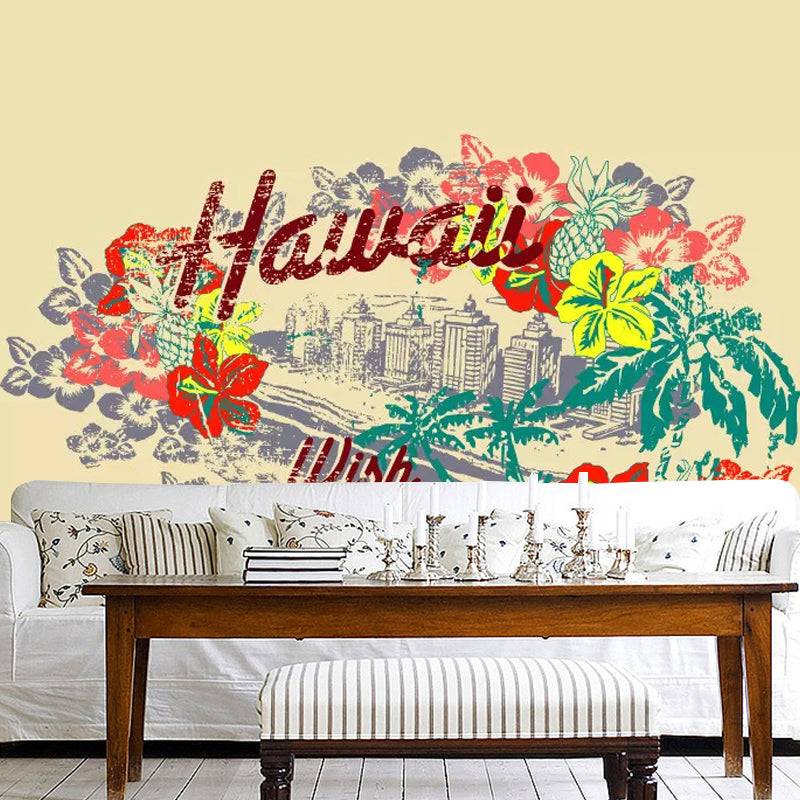 Decorative Hawaii and Blossom Mural Custom-Printed Minimalist Wall Covering for Accent Wall Clearhalo 'Wall Decor' 'Wall Mural' 1048494