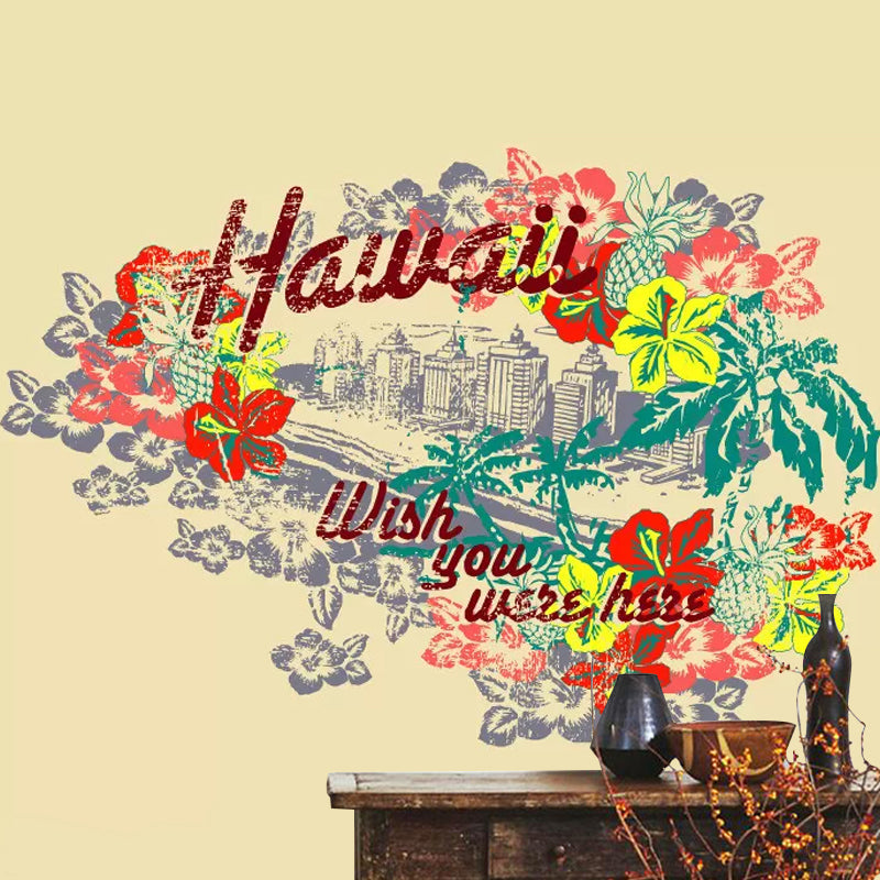 Decorative Hawaii and Blossom Mural Custom-Printed Minimalist Wall Covering for Accent Wall Clearhalo 'Wall Decor' 'Wall Mural' 1048495