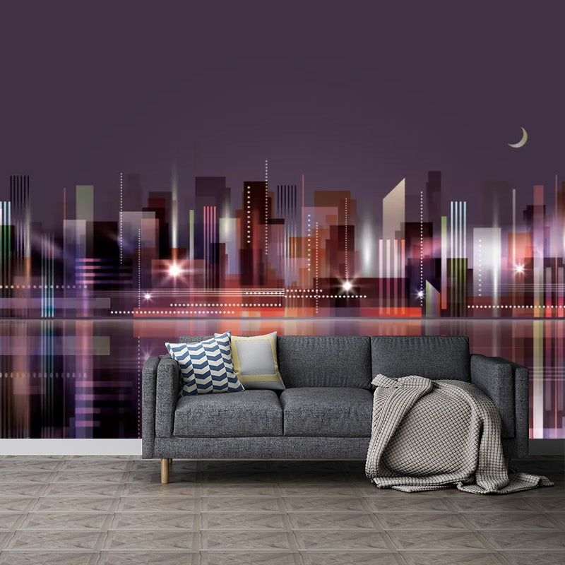 Cool Metropolis Wall Mural Decal for Office Room, Soft Purple, Custom Size Available Purple Clearhalo 'Wall Decor' 'Wall Mural' 1048503