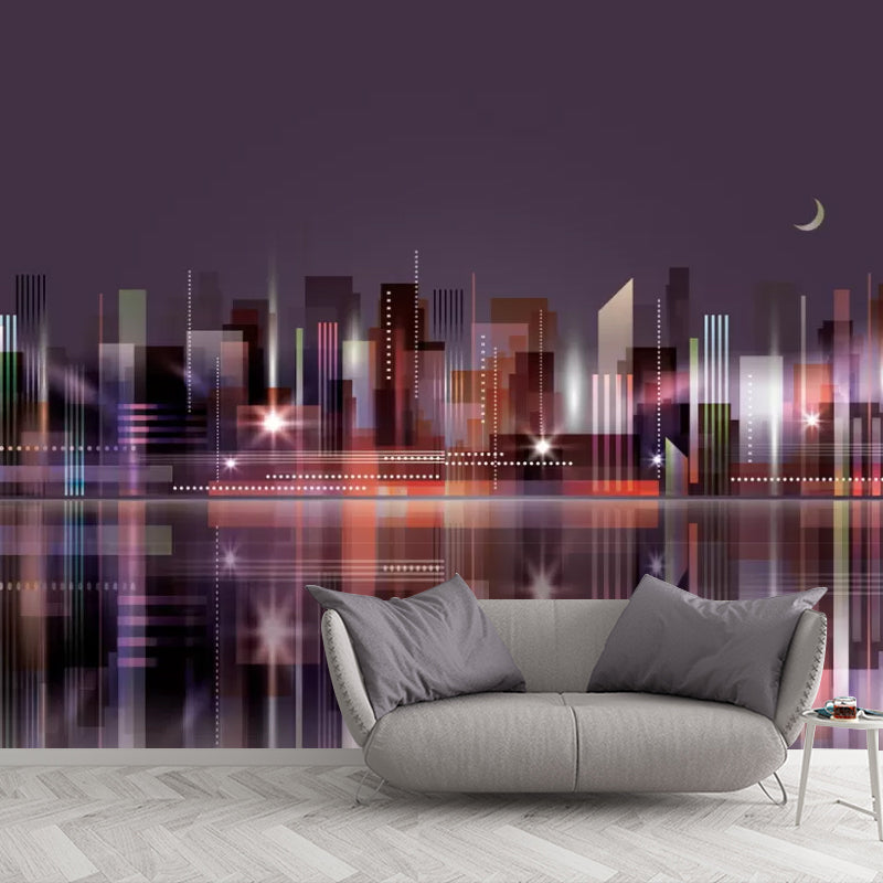 Cool Metropolis Wall Mural Decal for Office Room, Soft Purple, Custom Size Available Clearhalo 'Wall Decor' 'Wall Mural' 1048504