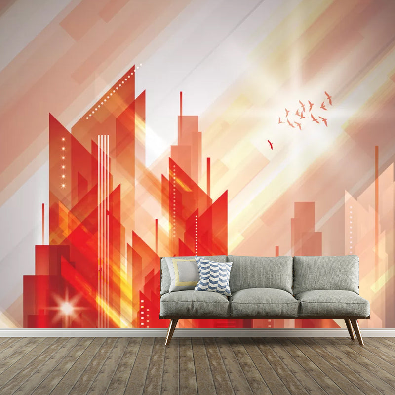 Enormous Skyscrapers Mural Wallpaper in Orange and Red Non-Woven Fabric Wall Decor for Office, Custom-Made Orange Red Clearhalo 'Wall Decor' 'Wall Mural' 1048511