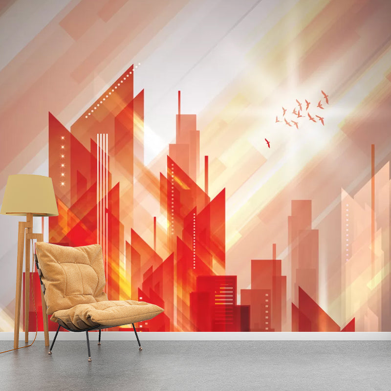 Enormous Skyscrapers Mural Wallpaper in Orange and Red Non-Woven Fabric Wall Decor for Office, Custom-Made Clearhalo 'Wall Decor' 'Wall Mural' 1048512