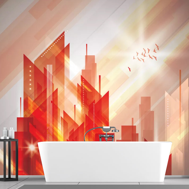 Enormous Skyscrapers Mural Wallpaper in Orange and Red Non-Woven Fabric Wall Decor for Office, Custom-Made Clearhalo 'Wall Decor' 'Wall Mural' 1048513