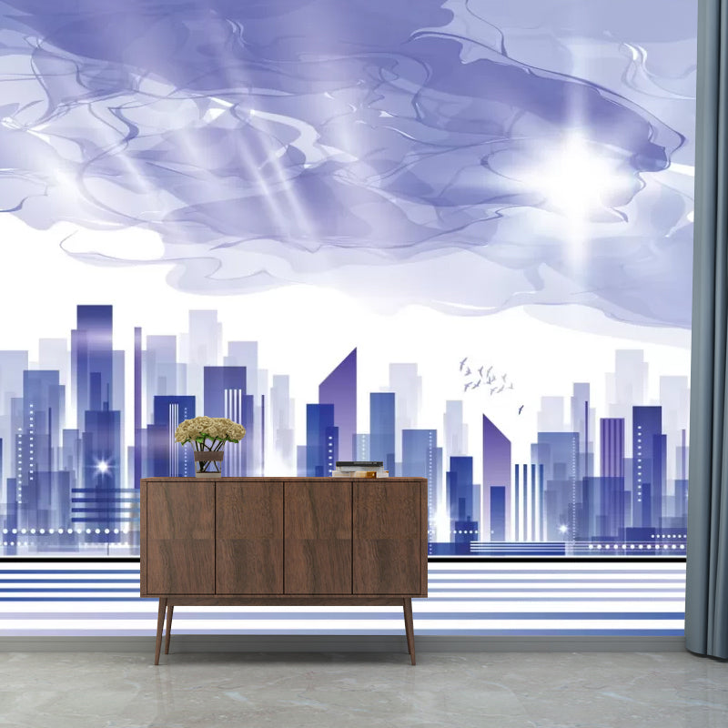 Purple Skyscrapers Wall Mural Decal Moisture-Resistant Wall Covering for Accent Wall Purple Clearhalo 'Wall Decor' 'Wall Mural' 1048521