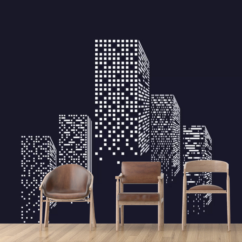 Illustration Urban Constructions Mural Wallpaper Full Size Wall Art for Meeting Room, Custom-Printed Black-White Clearhalo 'Wall Decor' 'Wall Mural' 1048526