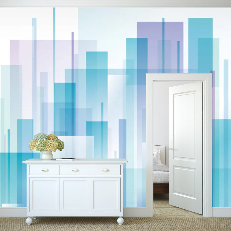 Modern City Buildings Wall Art for Office Room, Personalized Size Mural Wallpaper in Blue and Purple Blue-Purple Clearhalo 'Wall Decor' 'Wall Mural' 1048535