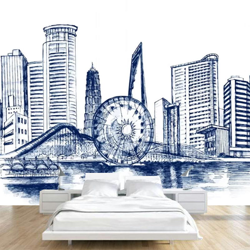 Simple Ferris Wheel Mural Wallpaper for Home Decor, Customized Size Wall Covering in Blue Clearhalo 'Wall Decor' 'Wall Mural' 1048542