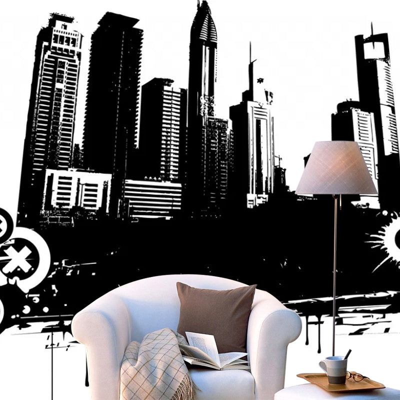 Full Illustration Simplicity Wall Mural for Meeting Room with Skyscrapers Design in Black and White Clearhalo 'Wall Decor' 'Wall Mural' 1048554