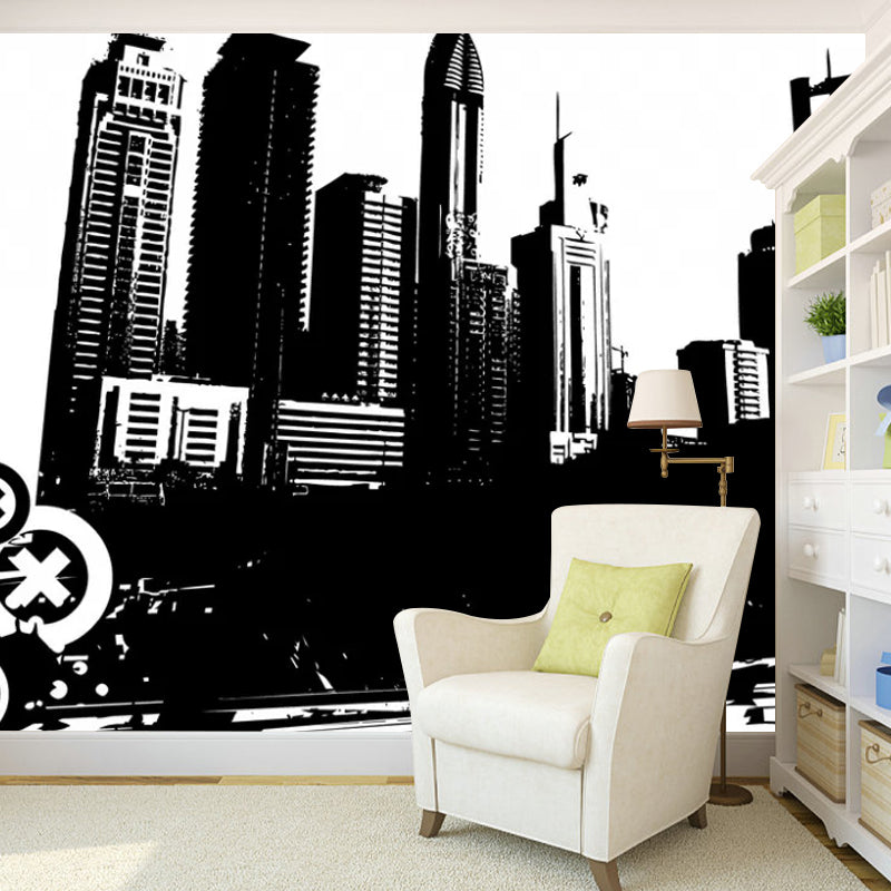 Full Illustration Simplicity Wall Mural for Meeting Room with Skyscrapers Design in Black and White Clearhalo 'Wall Decor' 'Wall Mural' 1048555