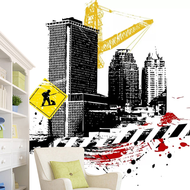 Enormous Illustration Buildings Mural Wallpaper for Coffee Shop Decor in Black and Yellow, Custom-Made Clearhalo 'Wall Decor' 'Wall Mural' 1048559