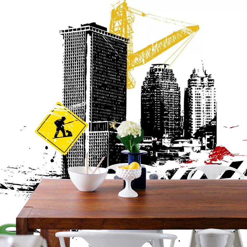 Enormous Illustration Buildings Mural Wallpaper for Coffee Shop Decor in Black and Yellow, Custom-Made Clearhalo 'Wall Decor' 'Wall Mural' 1048560