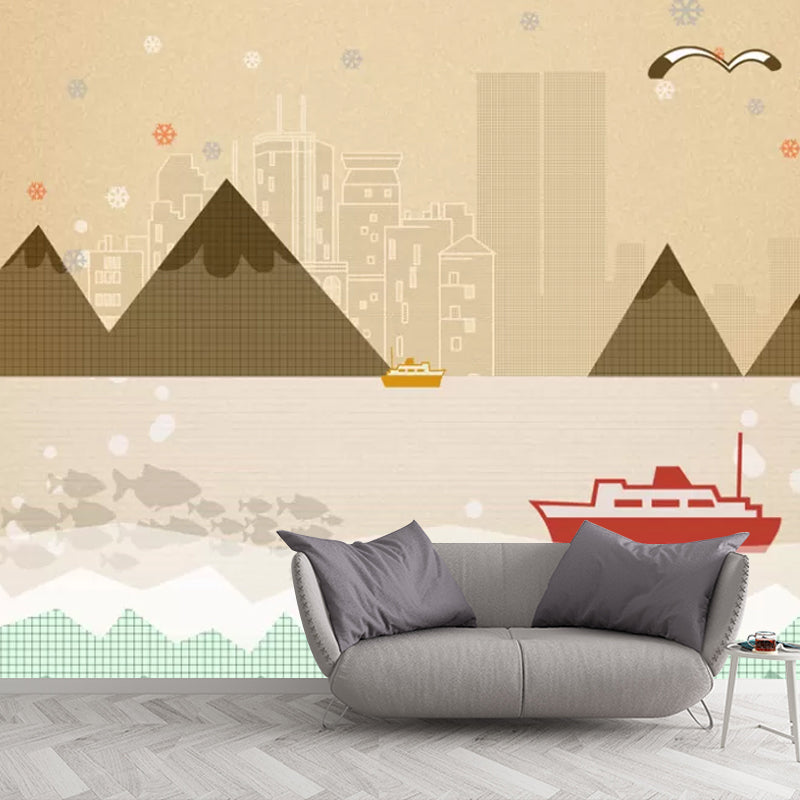 Simple Seagull and Boat Mural in Brown Kid's Bedroom Decorative Wall Art, Personalized Size Available Brown Clearhalo 'Wall Decor' 'Wall Mural' 1048601