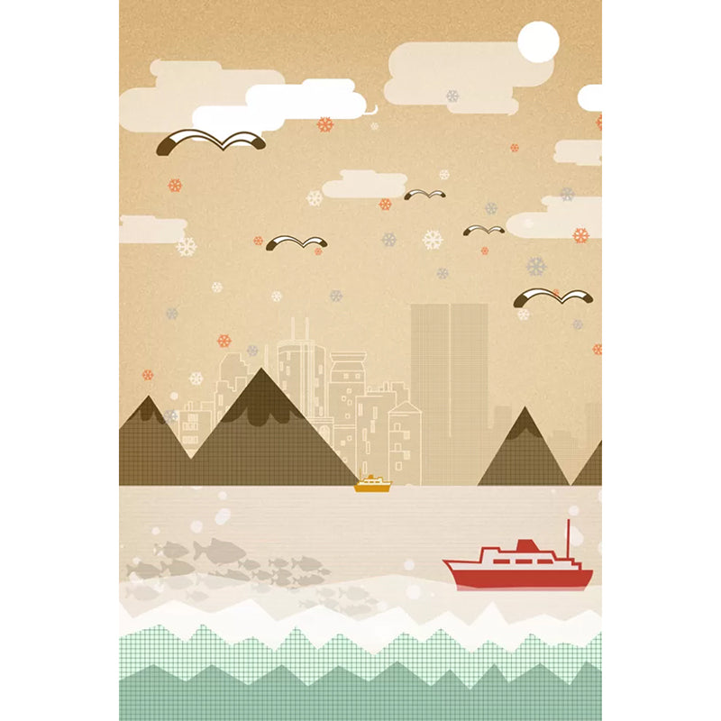 Simple Seagull and Boat Mural in Brown Kid's Bedroom Decorative Wall Art, Personalized Size Available Clearhalo 'Wall Decor' 'Wall Mural' 1048604