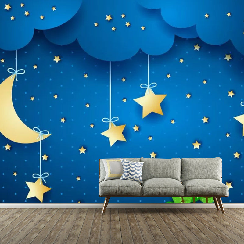 Blue Moon and Stars Mural Moisture-Resistant Wall Covering for Children's Bedroom Decoration Blue Clearhalo 'Wall Decor' 'Wall Mural' 1048609