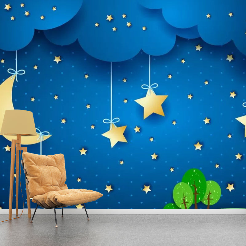 Blue Moon and Stars Mural Moisture-Resistant Wall Covering for Children's Bedroom Decoration Clearhalo 'Wall Decor' 'Wall Mural' 1048610