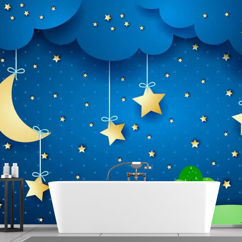 Blue Moon and Stars Mural Moisture-Resistant Wall Covering for Children's Bedroom Decoration Clearhalo 'Wall Decor' 'Wall Mural' 1048611