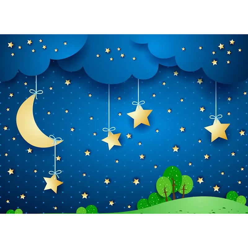 Blue Moon and Stars Mural Moisture-Resistant Wall Covering for Children's Bedroom Decoration Clearhalo 'Wall Decor' 'Wall Mural' 1048612