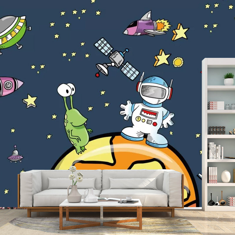 Minimalist Outer Space Mural Wallpaper for Kids, Personalized Size Wall Covering in Dark Blue Clearhalo 'Wall Decor' 'Wall Mural' 1048621